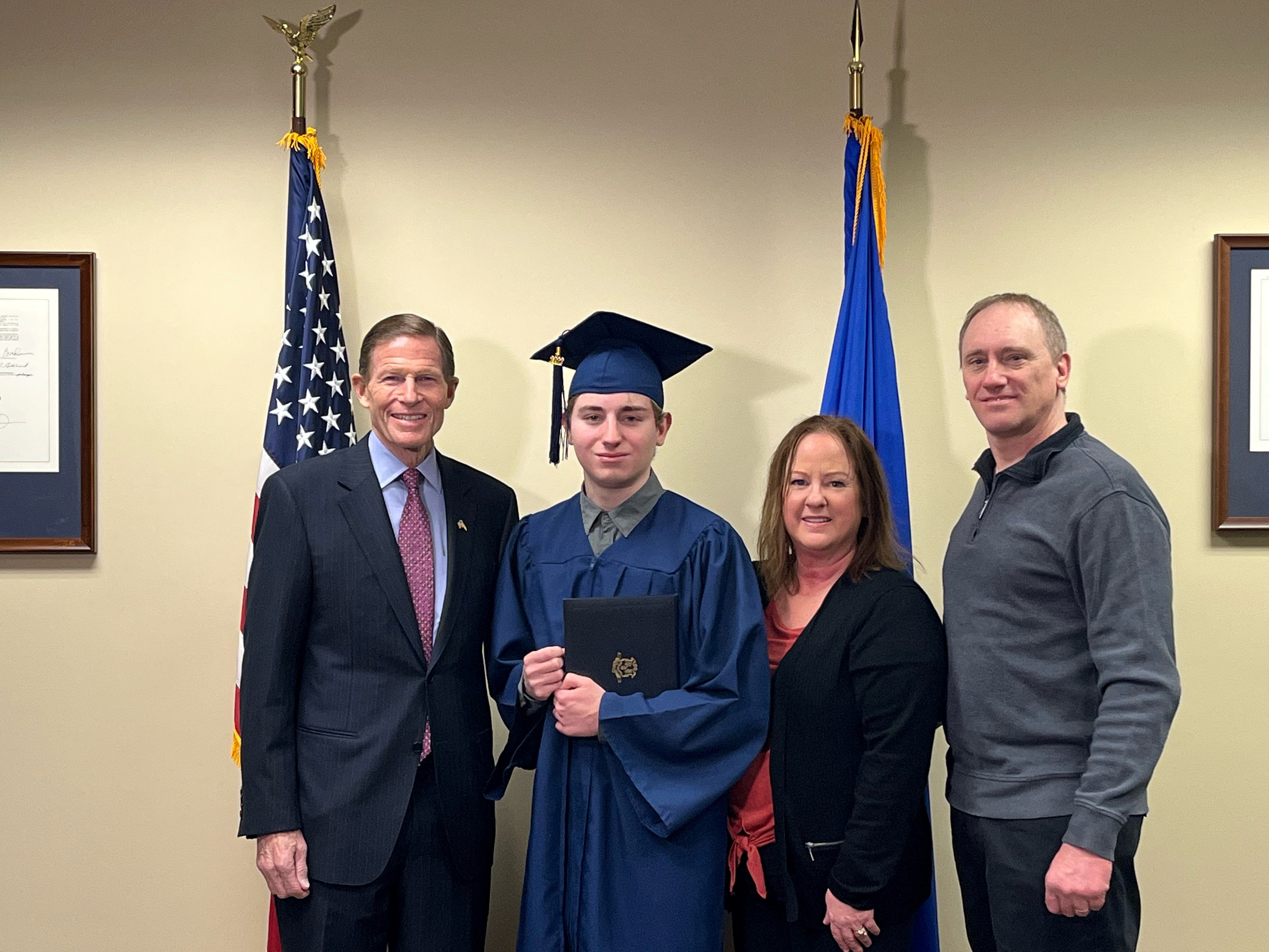 Blumenthal presented a high school diploma to Christian Kosovic, a childhood Leukemia survivor, 10 years after helping his family during a shortage of the lifesaving chemotherapy drug methotrexate. 